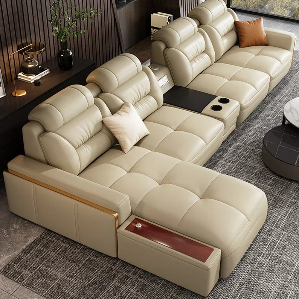 Premium Italian Genuine Leather Sectional Sofa Sets Couch Sofas with USB and Bluetooth Speaker-MANBAS Living Room Furniture