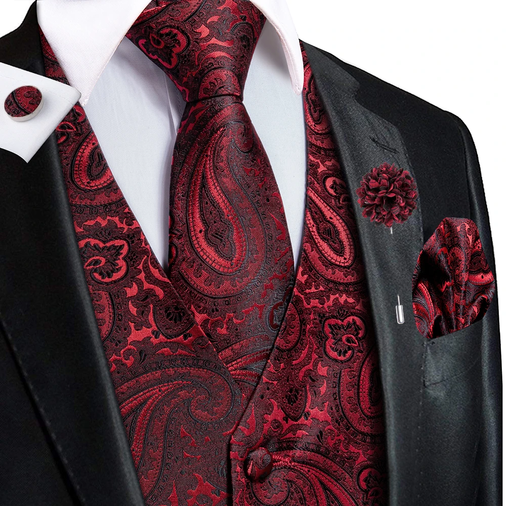 

Hi-Tie Jacquard Mens Silk Vests Paisley Red Black Waistcoat Tie Hanky Cufflinks Brooch Sets for Men Suit Wedding Formal Business