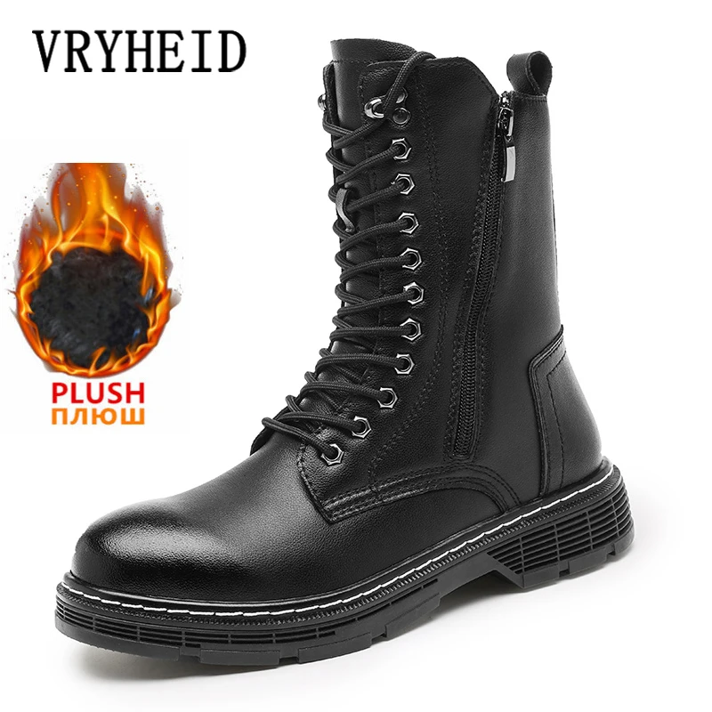 

VRYHEID Men Boots Black Genuine Leather Outdoor Fashion High Top Punk Shoes Winter Warm Fur Casual Street Style Ankle Boots 48