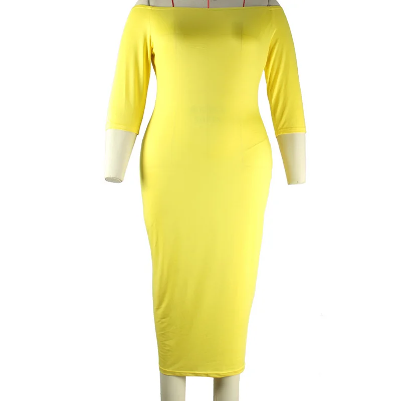 One Word Collar Solid Color Half Sleeve Spring Autumn Women Clothing Office Lady Milk Silk Fabric Pullover Plus Size Midi Dress