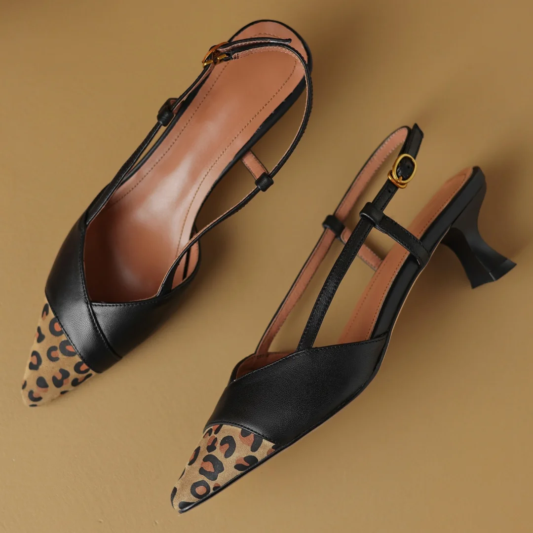 Women's genuine leather mix color patchwork pointed toe slingback pumps elegant ladies kitten heel daily dress sandals shoes hot