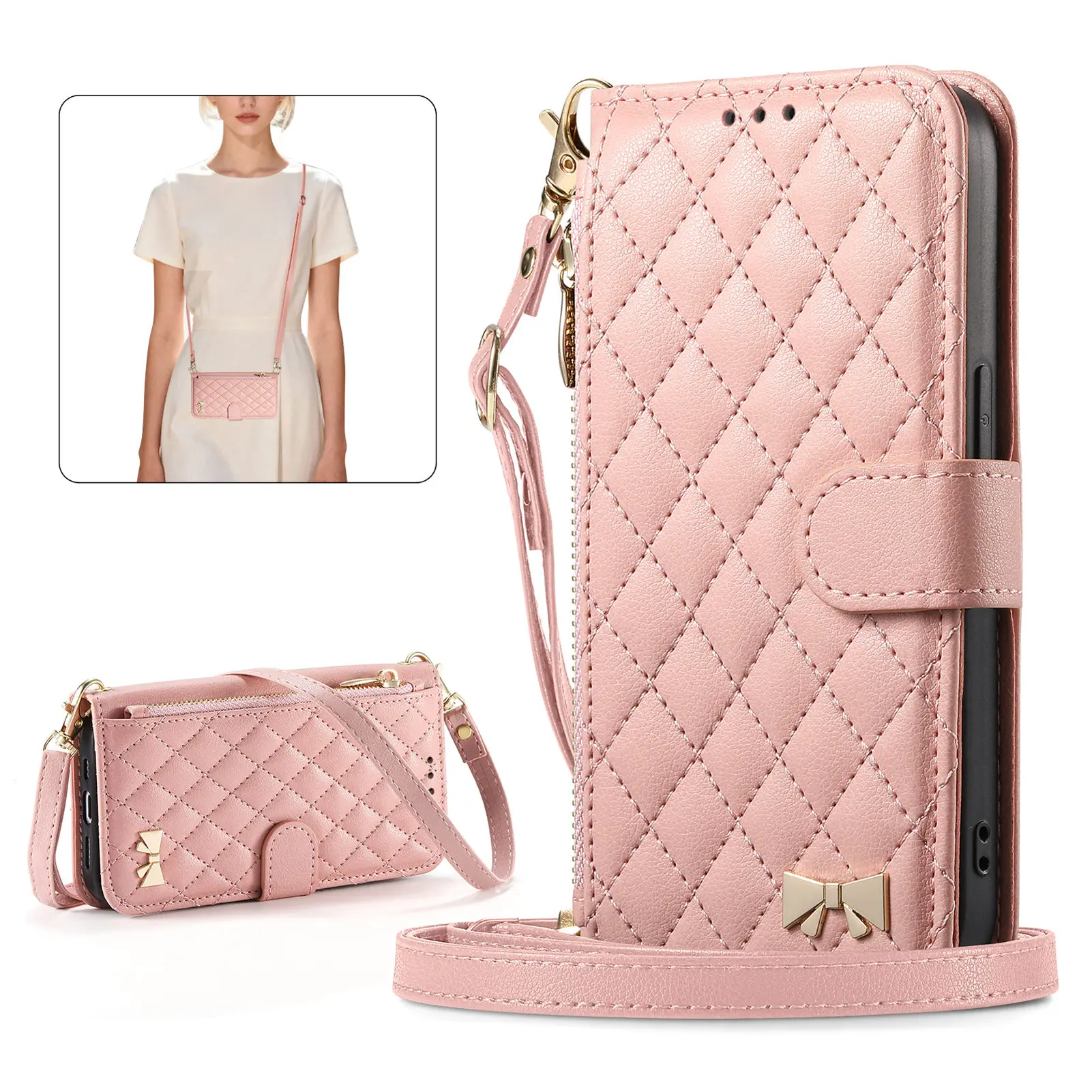PU Leather Crossbody Flip Wallet Phone Case with Wrist Strap Cover
