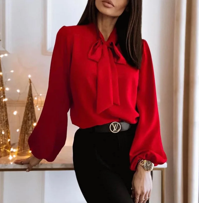 “2025 Women’s elegant red long sleeve top – loose fit spring fashion shirt” red 02