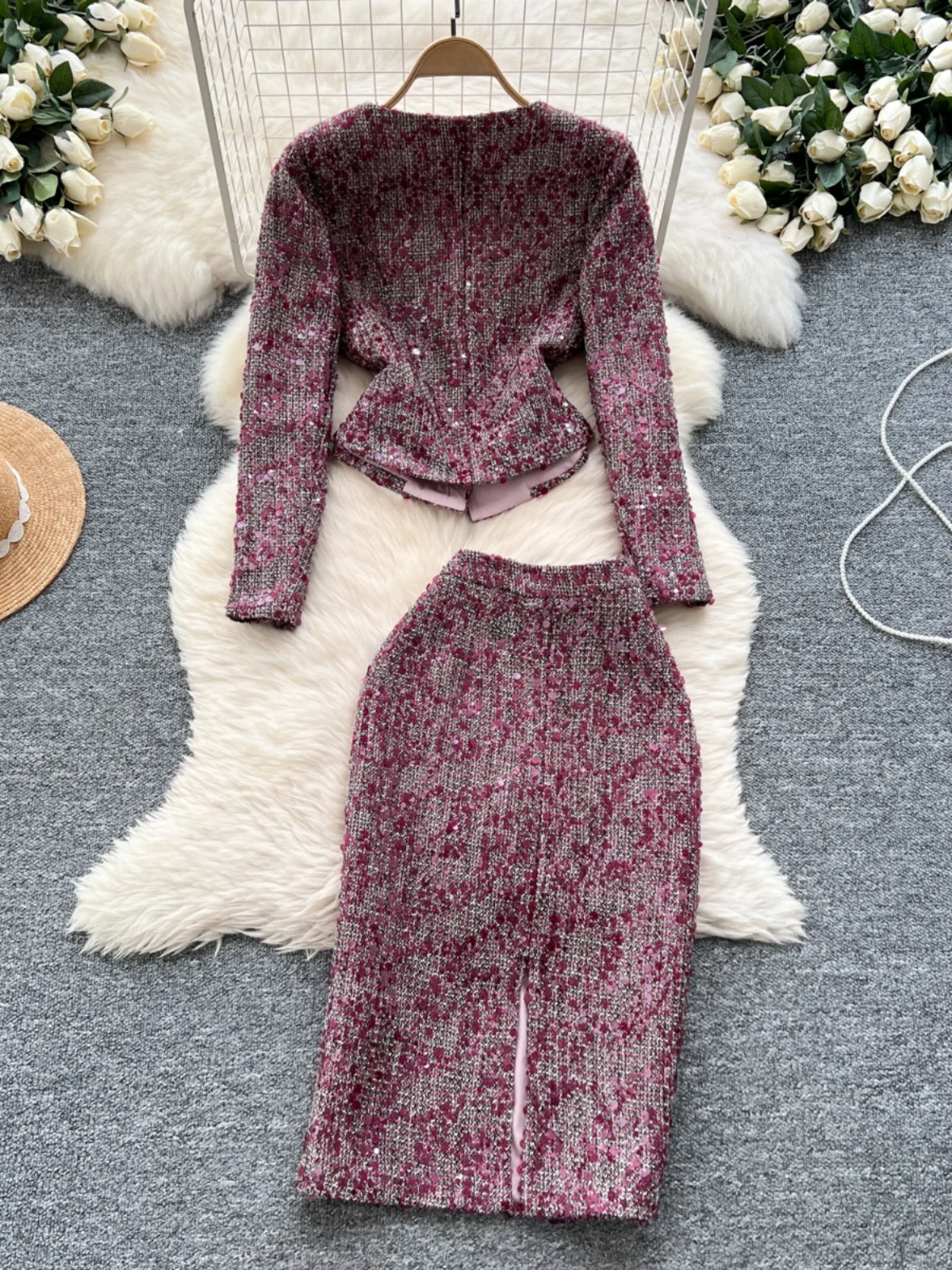 Celebrities Style Autumn Clothes Two-piece Sets Women's Clothing High-end Round Neck Sequined Jacket and Slim-fitting Skirt 4