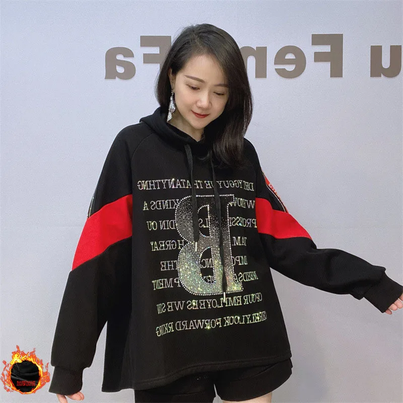 

Women Black Letter Hot Drilling Women Jacket Coat New Autumn Streetwear Hooded Top Long Sleeve Loose Black Sweatshirt