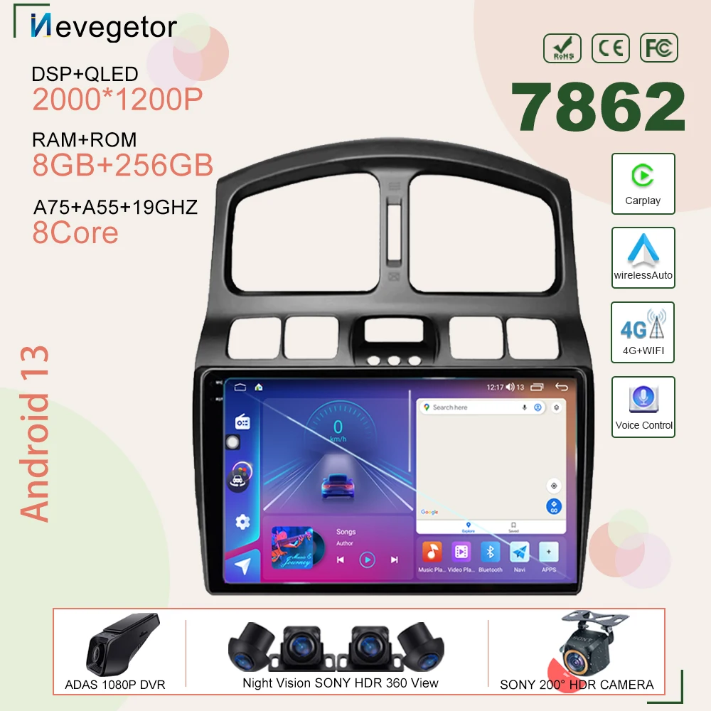 

Автомобильная стерео-система на Android 13 7862 для Hyundai Classic Santa Fe 2005 2006-2015, автомобильный беспроводной плеер для Carplay, GPS-навигация, мультимедиа