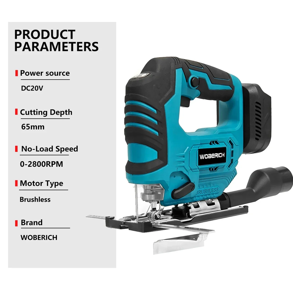 WOBERICH 18V Brushless Jig Saw Electric Jigsaw Adjustable Blade Woodworking 2900RPM 65mm Power Tool for Makita 18V Battery 2