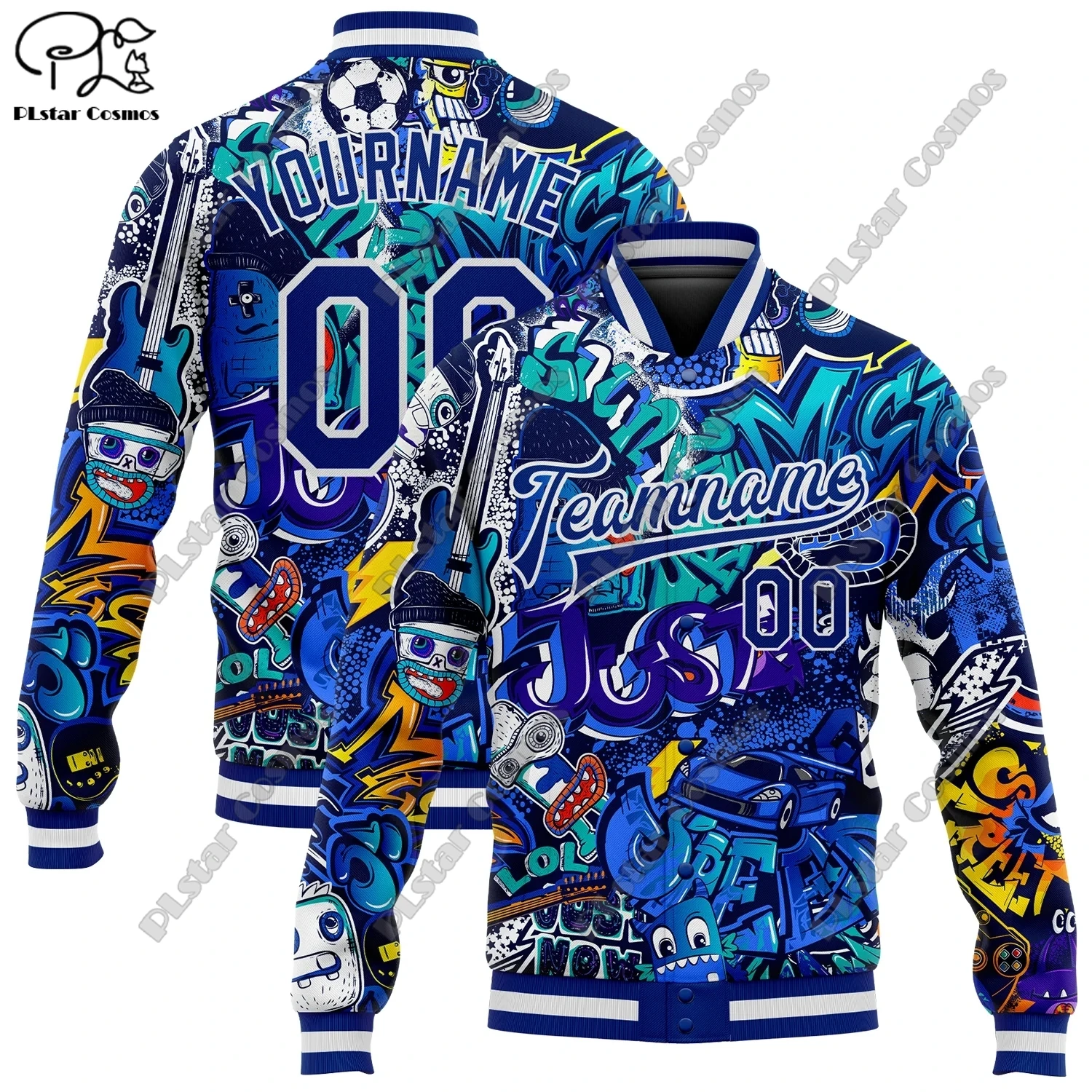 

Custom Colorful Graffiti Pattern Blue and White Black Lettering 3D Design Bomber Full Snap Button Jackets Unisex Team Gifts