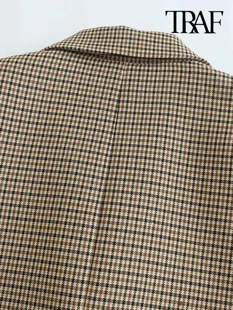 TRAF Women Fashion Double Breasted Plaid Blazer Coat Vintage Long Sleeve Flap Pockets Female Outerwear Chic Vestes Femme 5