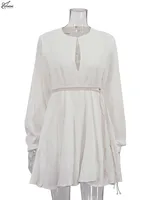 Oymimi Elegant Beige Cotton Womens Dresses Fashion V-Neck Long Sleeve Lace-Up Dresses Casual Loose Pleated Mini Dress Streetwear - Image 4