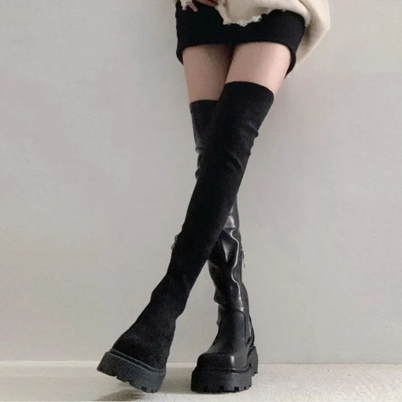 2024 Black Long Boots For Women Fashion Zippers Square High Heel Over the Knee High Boots Winter Shoes Ladies