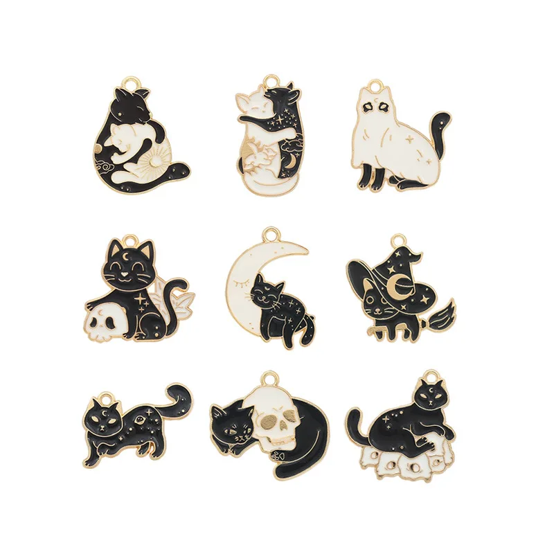 

10pcs Halloween Black Moon Cat Enamel Charms Animal Metal Pendants DIY Necklace Bracelets Accessories Jewelry Making New XL1640