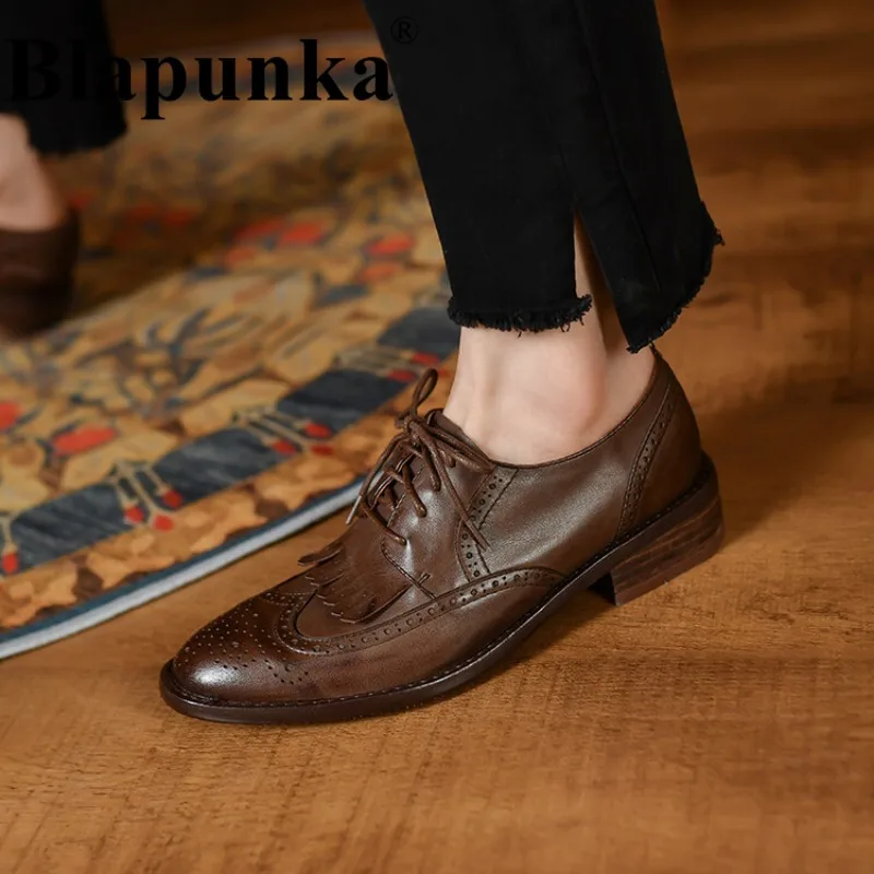 

Blapunka Handmade Full Brogue Shoes Women Real Leather Tassel Oxfords Shoe Round Toe Lace-up Carved Brogues Frings Autumn Spring