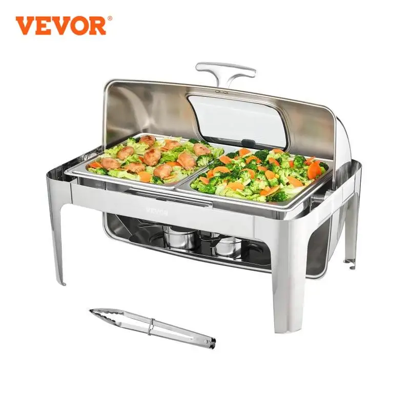 Chafing Dish 9QT Roll-top Buffet Set Stainless Steel w/2 Half Pans Rectangle Catering Warmer w/Lid Fuel Holder chafing dish