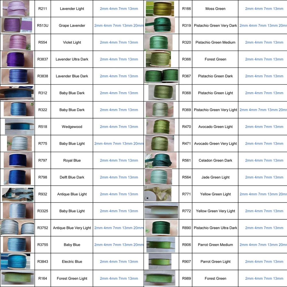 리본 자수, 10M/piece를 위한 자연적인 순수한 실크 리본 분홍색 복숭아 모브 크랜베리 매화 산호 장미 빨강 색깔 13mm 7mm 4mm 2mm