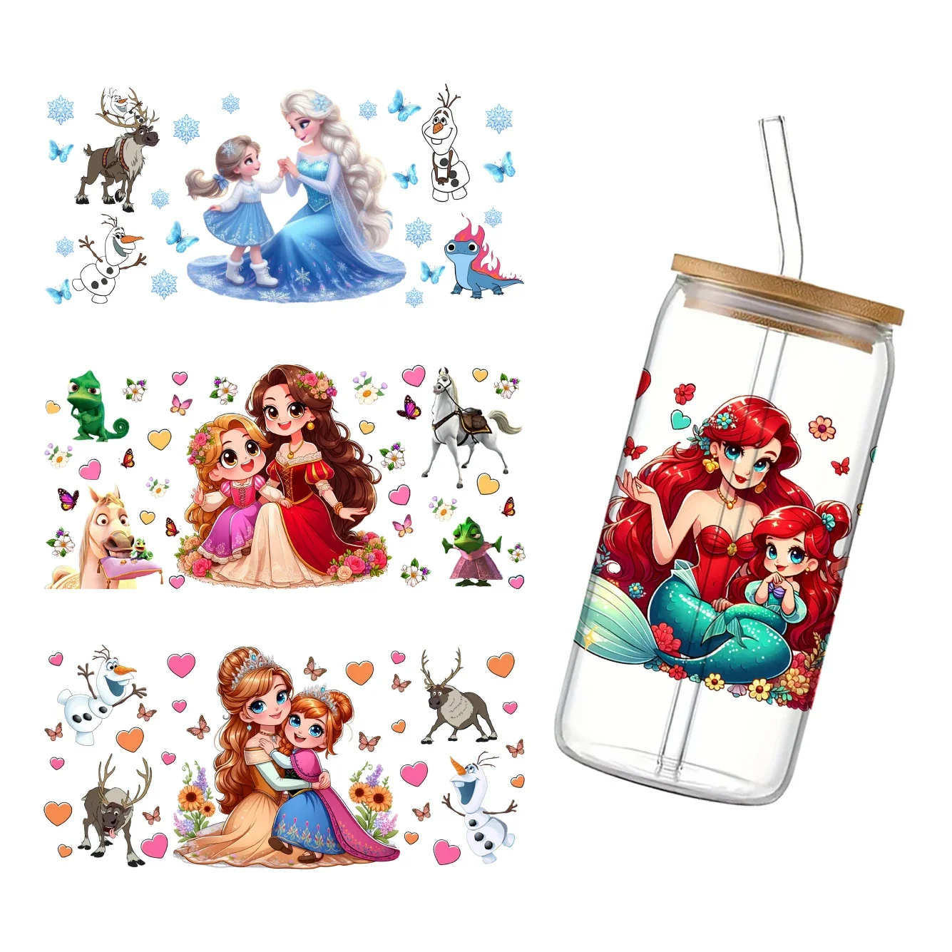 

Disney princess Mama and me Frozen For Libbey 16oz Can Glass 3D Waterproof UV DTF Coffee Can Wrap Libbey Glass Wrap