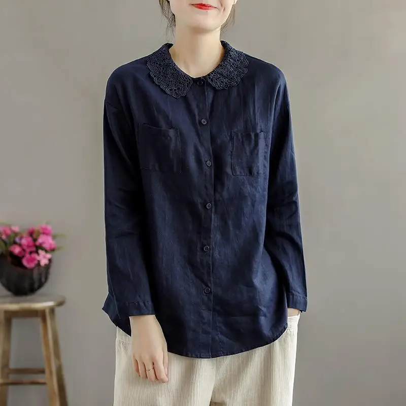 Thin Pure Cotton Multiple Colors Peter Pan Collar Ladies Shirt Pockets Retro Literature Art Single Breasted Spring Summer Cloths