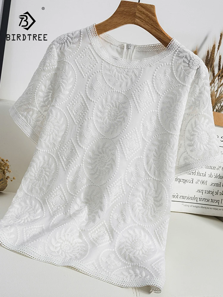

Birdtree 100% Silk Women T-shirt Vintage White Embroidery Lace Pleated Design Tops O Neck Short Sleeves Graceful Tees T36902QC