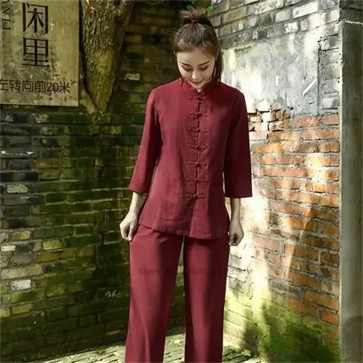 

2023 women cotton linen tang suit chinese kung fu tai chi uniform retro zen tea oriental clothing set hanfu tops loose pants