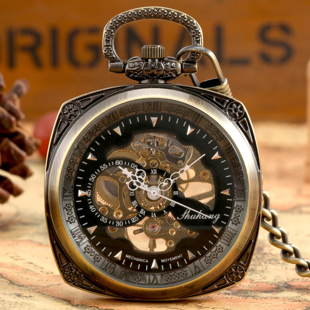 

Vintage Bronze Hand Winding Mechanical Mens Pocket Watch Antique Stylish Chain Pendant Gentleman Retro Timepiece Gifts Male