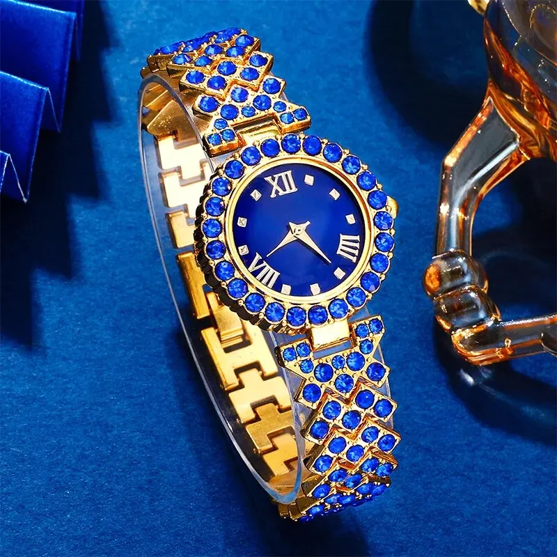 طقم اكسسوار انيق ساعة يد نسائية من حجر الراين الأزرق