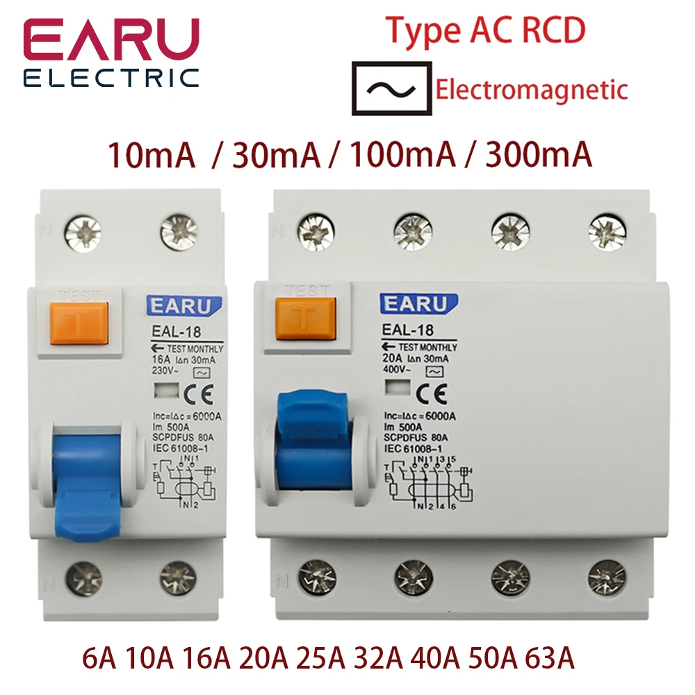 Электромагнитный выключатель переменного тока, 2P, 4P, 10/30/100 мА