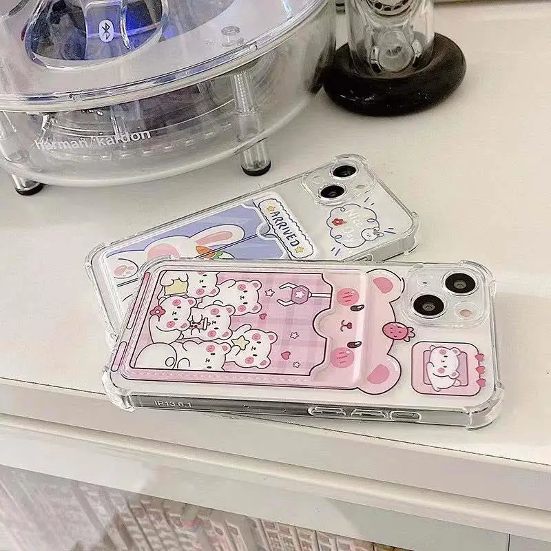 Cartoon Cute Rabbit Bear Card Holder Slot Bag Clear Phone Case For IPhone 17 Air 16 15 14 12 11 Pro Max 13 Mini Plus Soft Cover 2