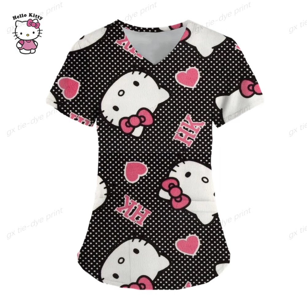 thumbnail image 1 of Ropa de mujer, camisetas de verano, camisetas de Hello Kitty, camisetas con cuello en V, camisetas con bolsillos, uniformes de enfermera, camisetas de hospital, camisetas para mujer 2023, 1 of 5