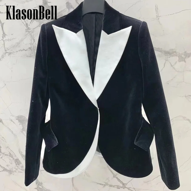 

1.9 KlasonBell Luxury Celebrity Same Velvet Spliced Color Acetate Notched Collar Collect Waist Blazer Coat Women