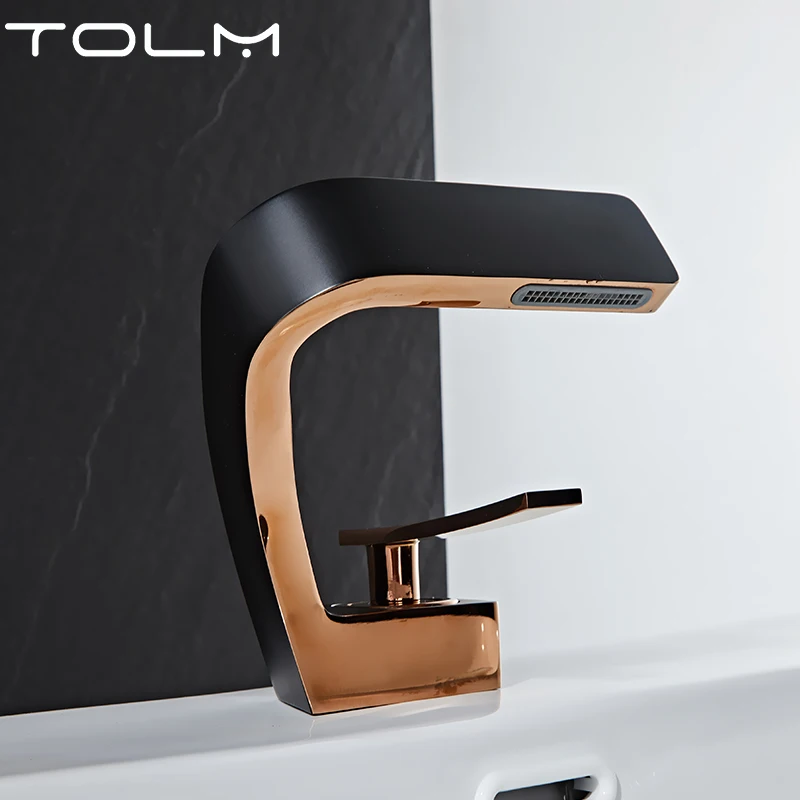 TOLM Brass Black Gold Basin Faucet Bathroom Sink Faucets Hot Cold Water Mixer Crane Deck Mounted Single Handle Hole Bath Kitchen — view 4