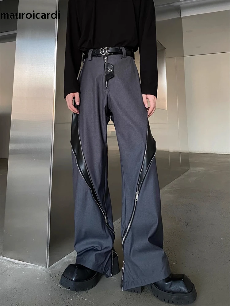 Men Trousers Leather Pants Mauroicardi Spring Autumn Pu Leather Patchwork Long Loose Many Zippers Luxury Designer