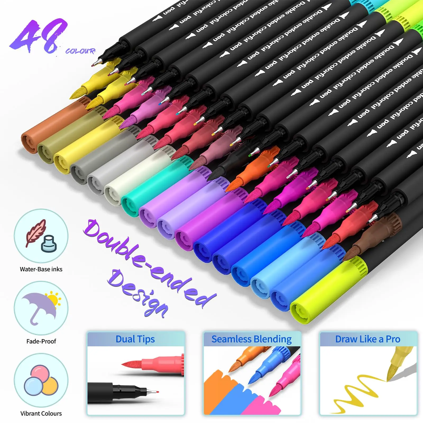 12-60색 더블 헤드 아트 드로잉 노트북 펜 페인팅 펜 컬러 마커 펜 브러시 팁 1-2mm 파인 팁 캘리그래피 페인팅