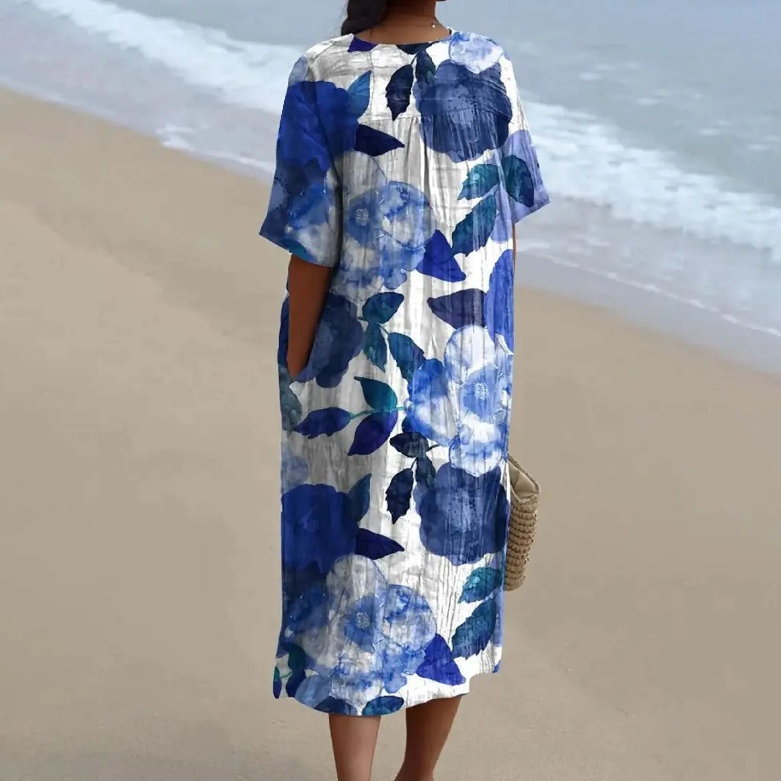 Womens Beach Cotton Linen Floral Printed Dresses With Pockets Casual And Streetwear Dress Long Shirts Plus Size 4xl 5xl