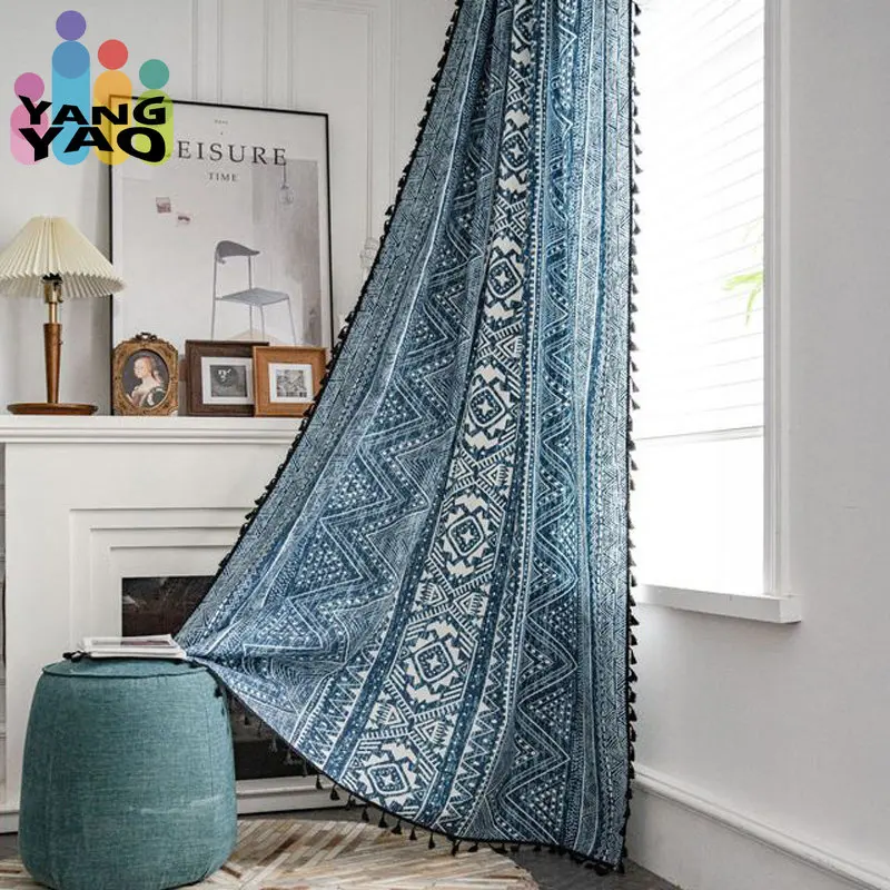 

Vintage Geometric Printed Cotton Curtains with Tassels Rod Pocket Room Darkening Window Treatment for Living Room Bedroom TJ7029