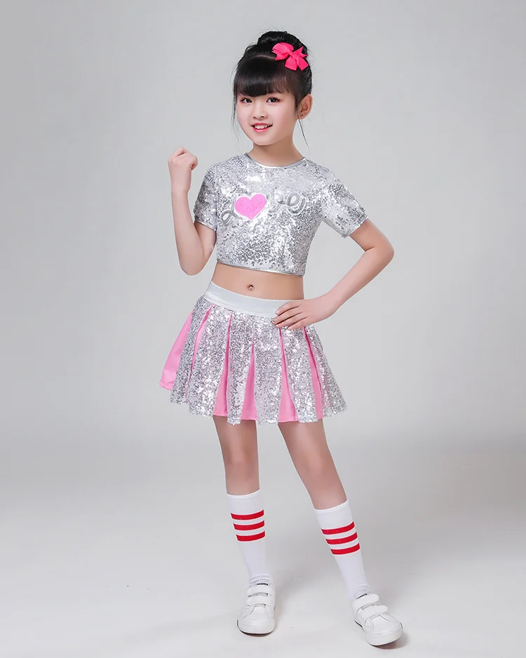 3pc Children Girl hip Hop Jazz Costume Modern Ballroom Dance Wear Clothing Kids Sequined Sports Clothes For Girls White Jazz