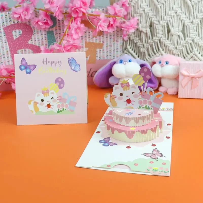 Pop up style cartoon cute birthday cake greeting cards 3D stereoscopic student birthday gift holiday blessing greeting card gift