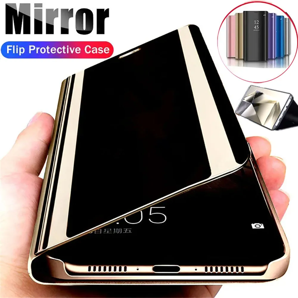 Sleek Plating Mirror Smart View Leather Flip Phone Case with Anti-Fall Protection