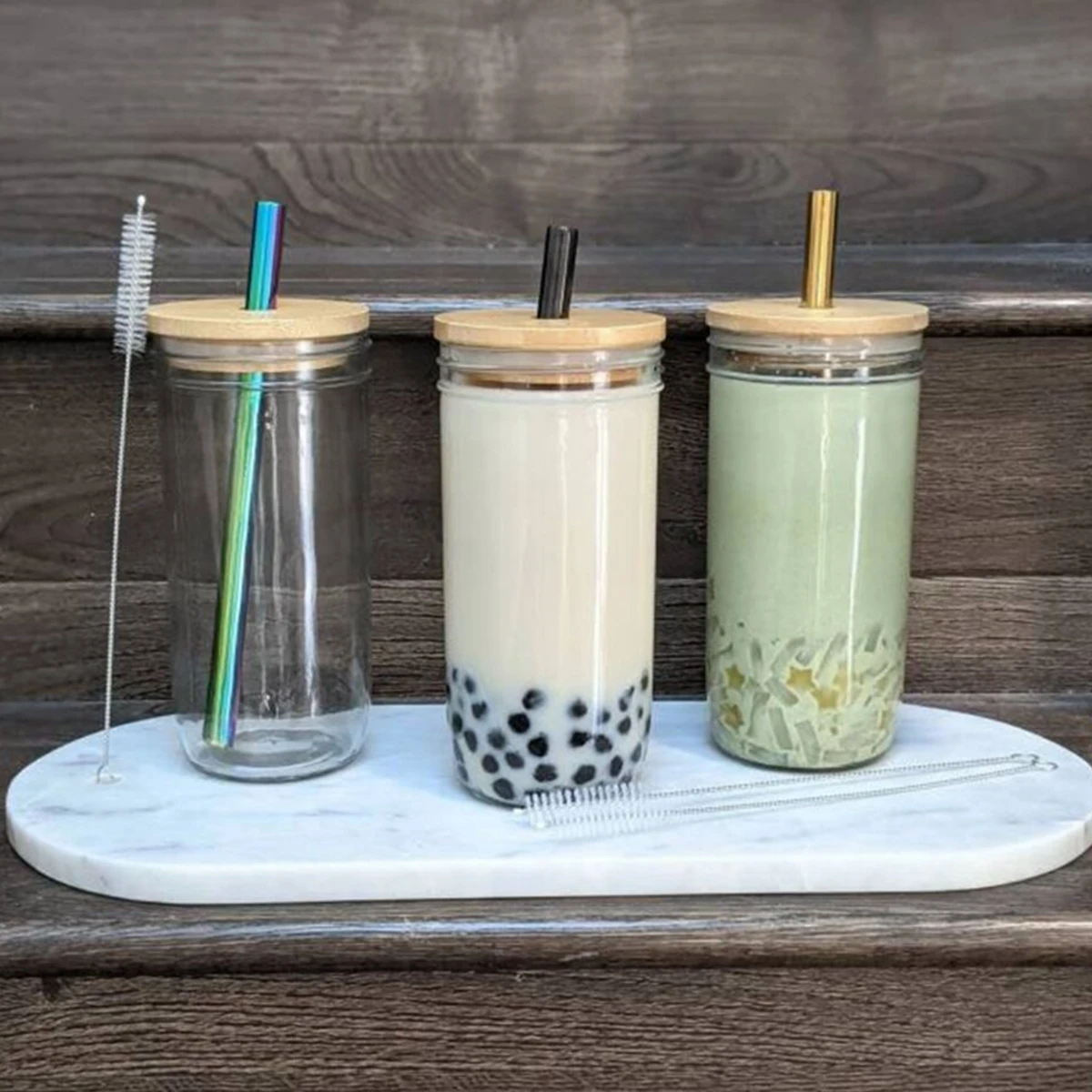 Reusable Bubble Tea Straw Cup With Wooden Lid And Stainless Steel