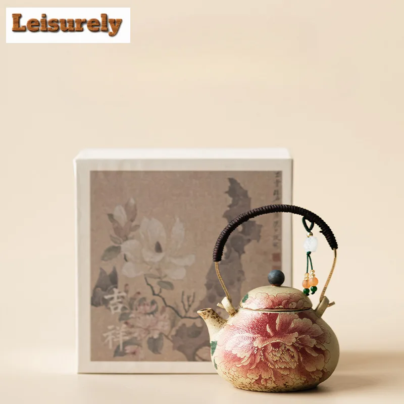 110ml Blue And White Flint Red Peony Lifting Handle Teapot Luxury Tea Infuser Pot Tea Maker Kettle With Ball Hole Teaset Craft