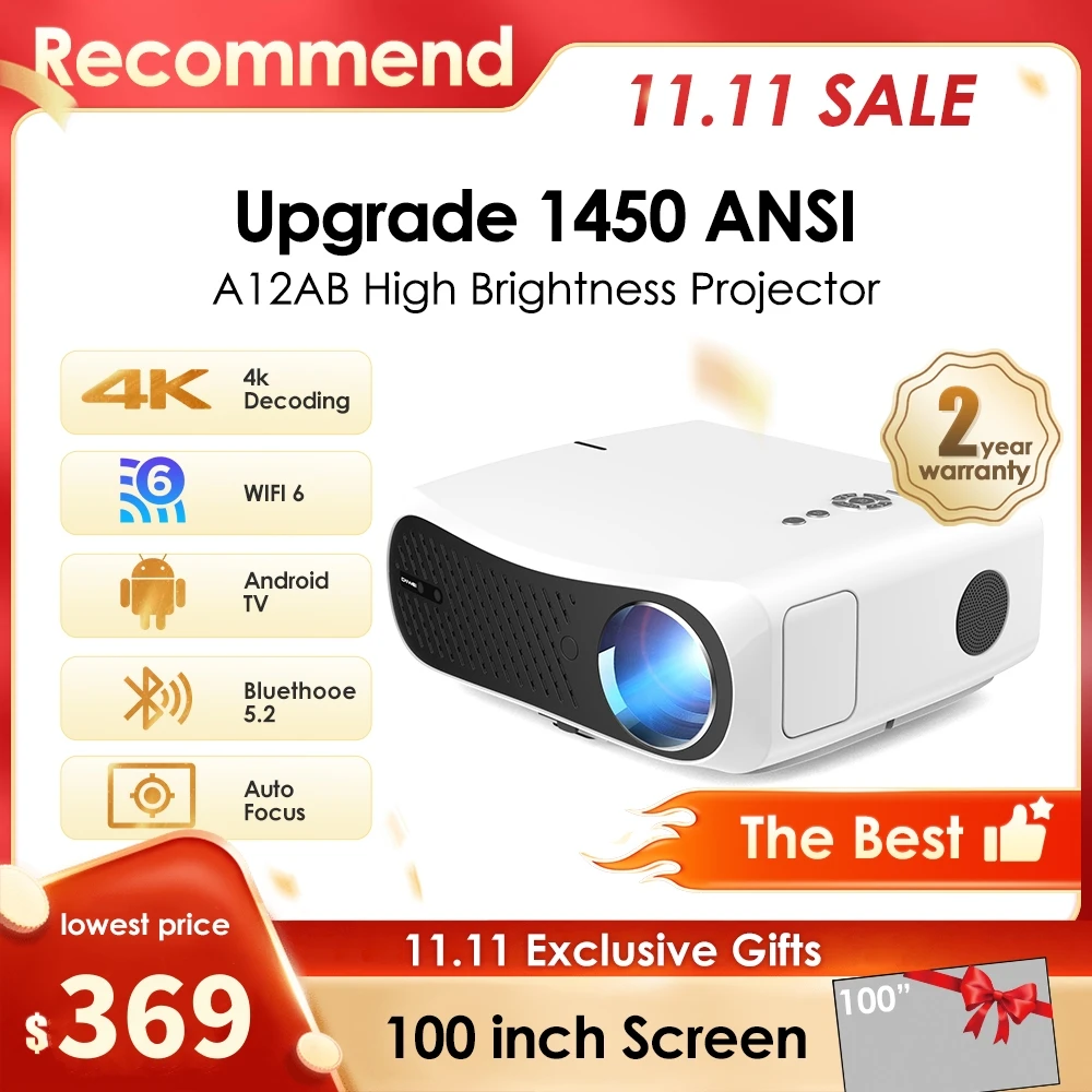 Portable Projector 4k Projector 1450 ANSI High Brightness 5G Wifi Android TV OS For Home Movie Video Projectors Theater Cinema LasErs Projectors