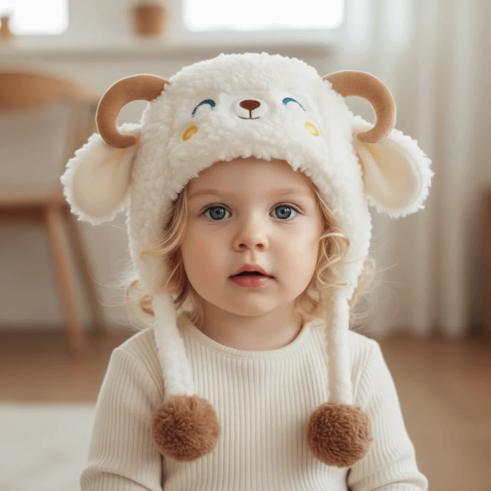 Cartoon Lamb Beanie Caps Thickened Kawaii Baby Ear Protection Hat Keep Warm Coldproof Winter Warm Hat Autumn and Winter