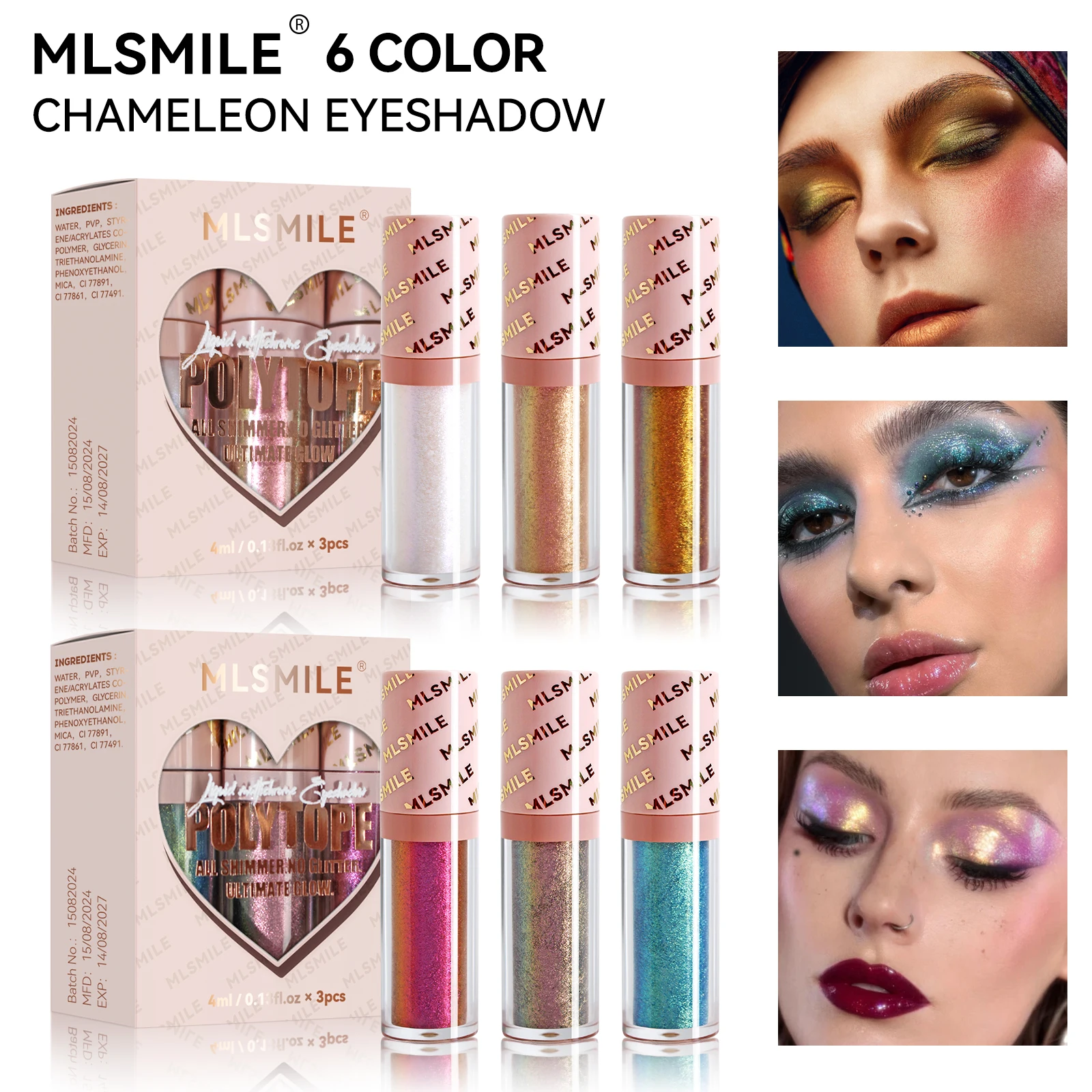 MLSMILE 3-piece liquid chameleon dragon eye shadow set, long-lasting glittery multicolor eye shadow makeup set. 4