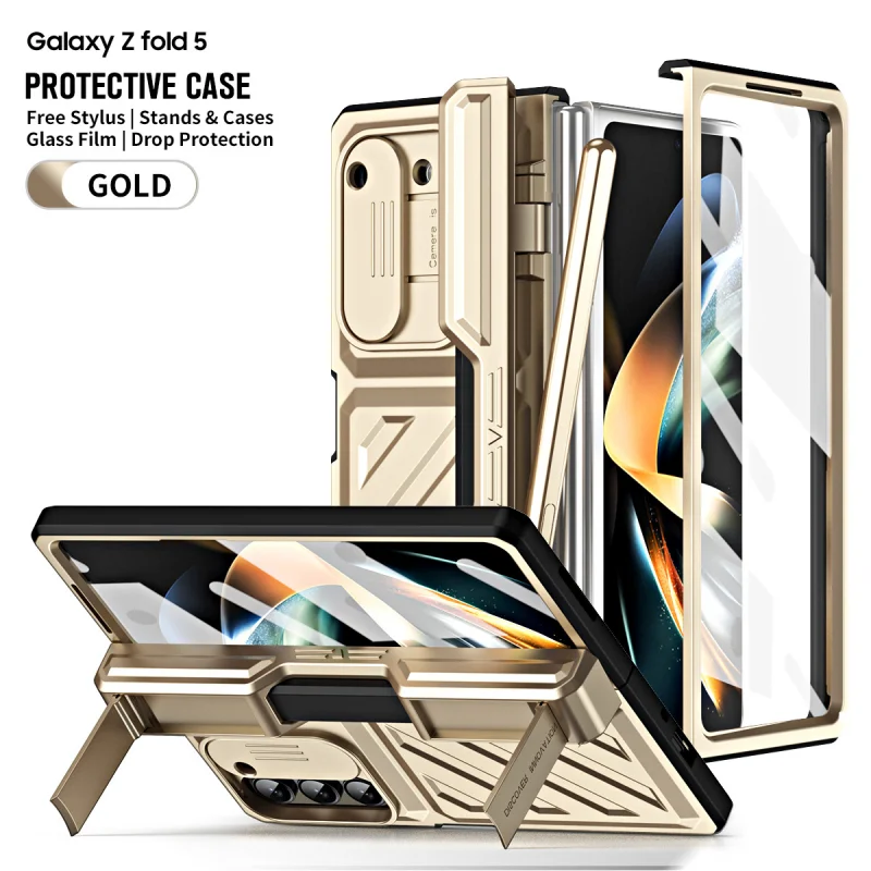 

Футляр для Samsung Galaxy Z Fold 4 5, магнитный шарнир, вращающийся футляр со слотом для ручки, со стеклянной пленкой, защитный чехол для Fold4 5, футляр с ручкой