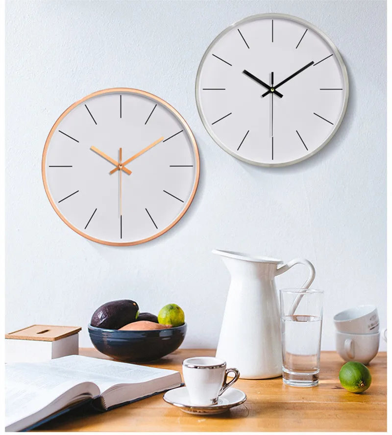 12" Fashion Mute Quartz Round Hanging Horloges Glass Mirror Nordic Noiseless Simple Baking Varnish Metal Wall Clock for Home
