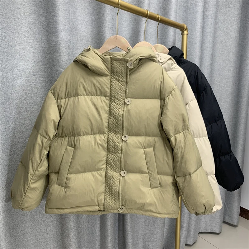 

Winter Autumn Loose Padded Zipper Solid White Duck Down Jacket Hooded Collar All Match Warm Down Coat For Women Chic Outwear