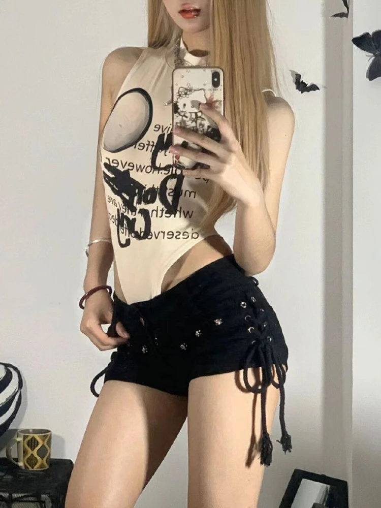 

Sexy Bandage Denim Shorts Women American Retro Harajuku Streetwear Punk Gothic Student Shots 2024 Spring Summer Fashion