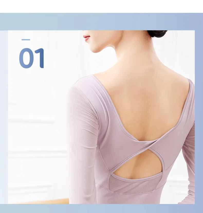 Frauen Ballett Trikots Schwarz Gymnastik Knick Tanz Bodys Kostüme Erwachsene Patchwork Mesh Langarm Ballerina Trikots – Detail 4