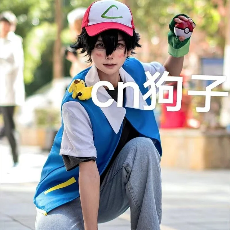 Anime Blue Jacket Pokemon Men Cosplay Costume Boys Ash Ketchum Per Halloween Party Trainer Guanti E Cap Set Regalo