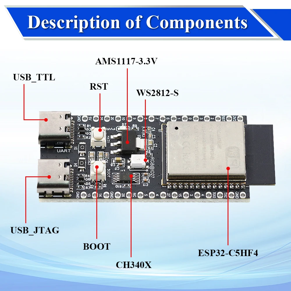 ESP32-C5 Development Board Dual-frequency 2.4G and 5GHz WiFi Module ESP32C5-DevKitC-1 N4 4MB Flash CH340 CH343 32PIN TYPE-C