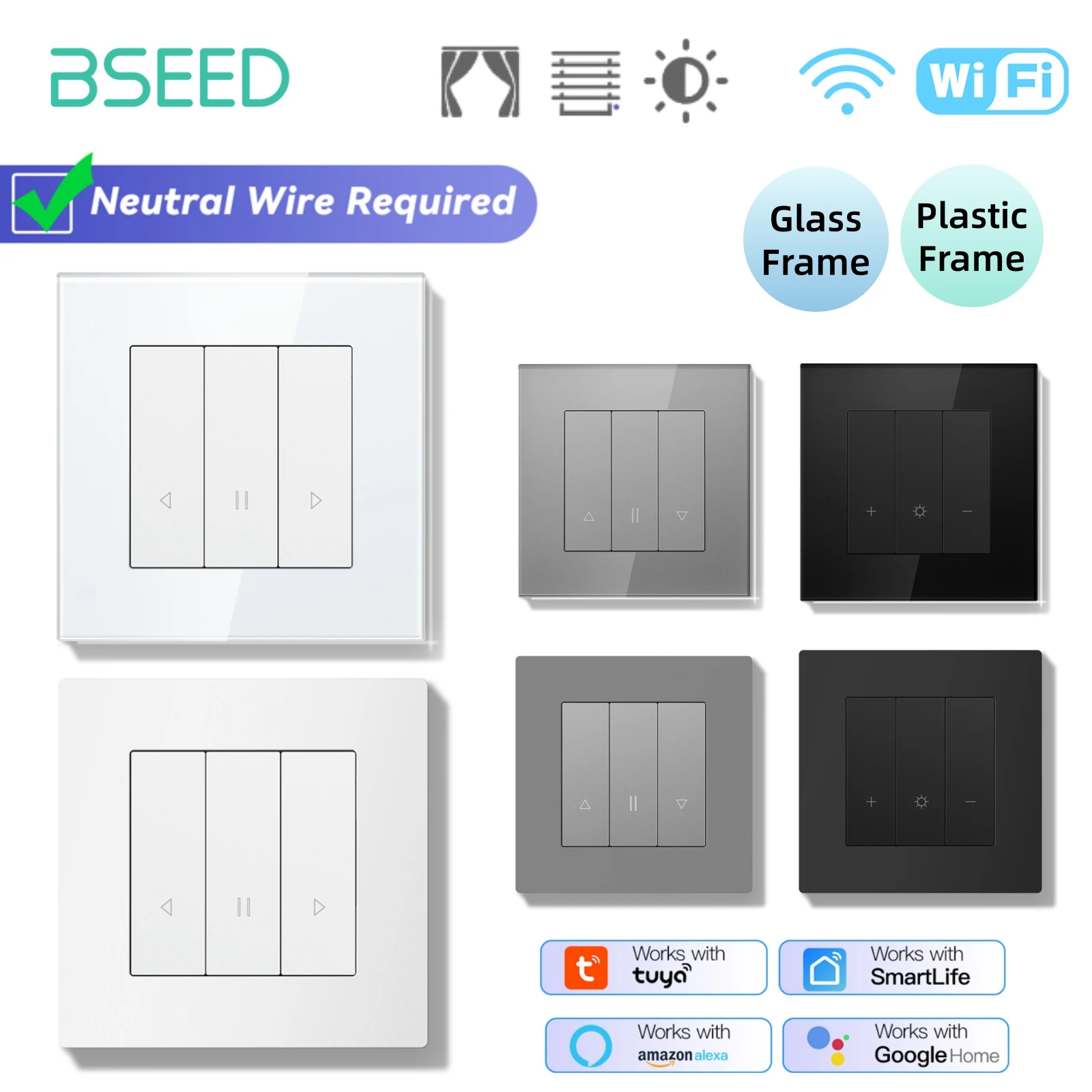 สวิตช์ม่าน/ไฟ/มู่ลี่อัจฉริยะ BSEED Wifi รุ่น Smart Click Switches พร้อมไฟพื้นหลังสีเหลือง กรอบแก้ว/พลาสติก ควบคุมผ่านแอป Tuya 1